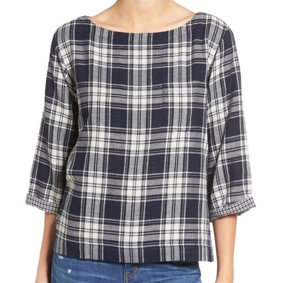 Madewell Navy Blue Flannel Plaid Boxy 3/4 Sleeve Blouse Top Women’s Size Large - Picture 3 of 14